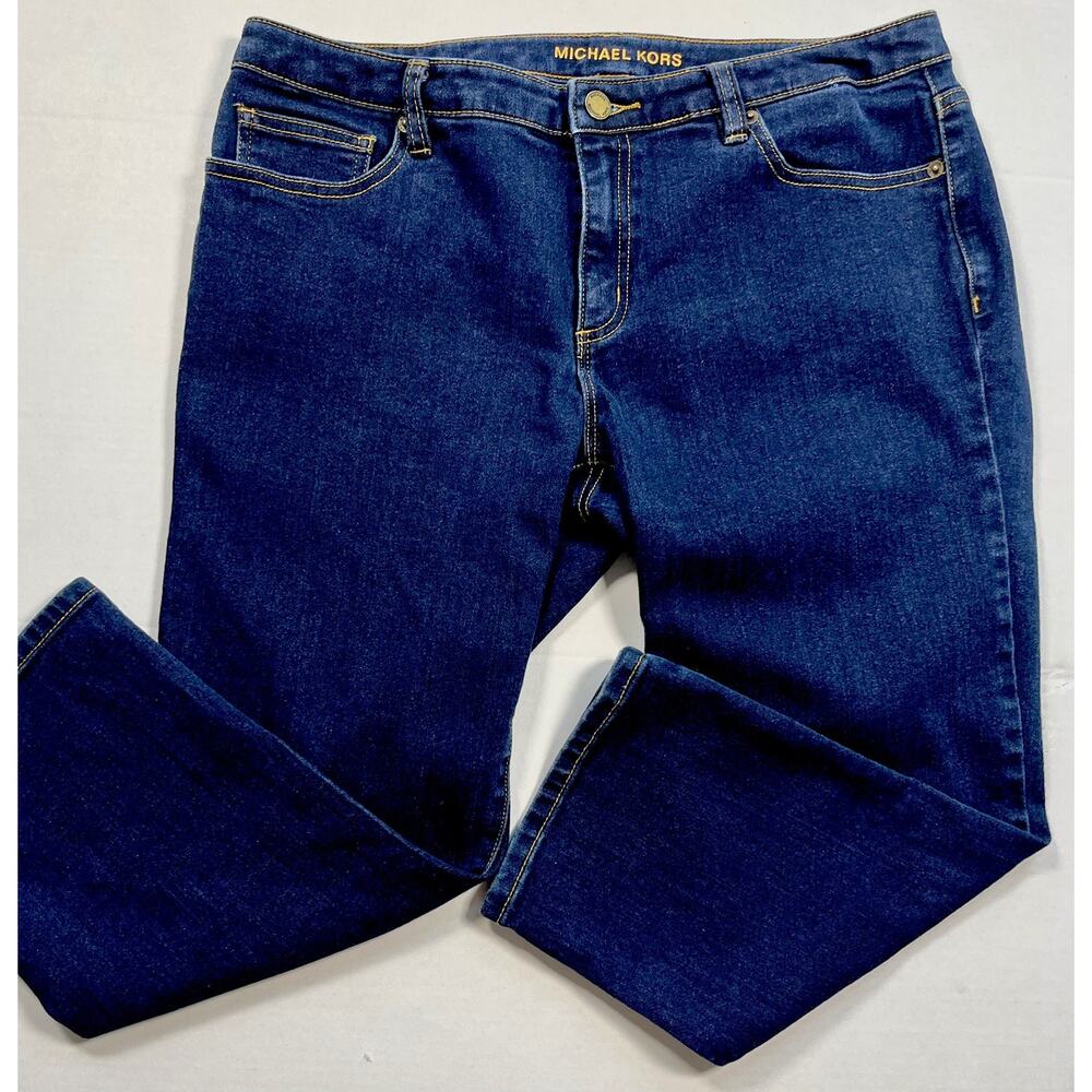 MICHAEL KORS Women's Skinny Jeans Size 12 Dark Wash Stretch Denim Gold Detailing